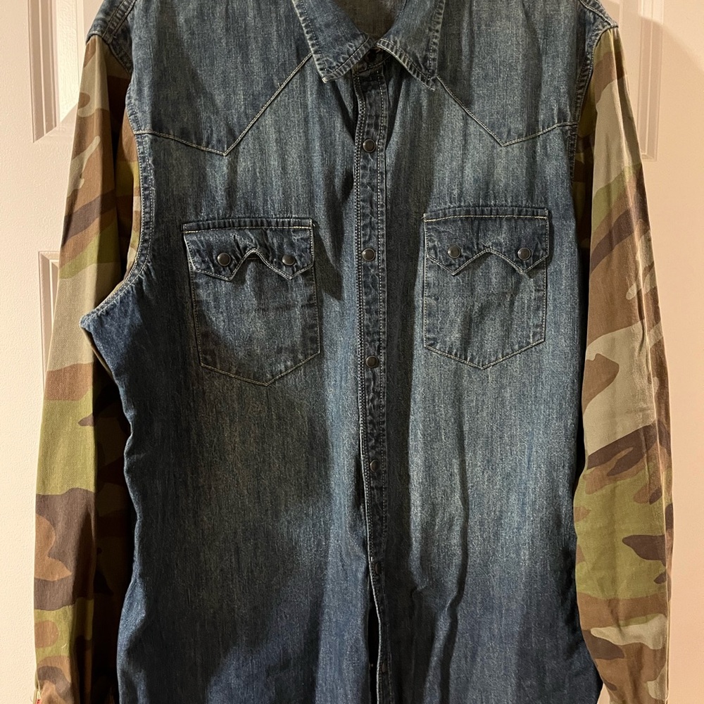 Ralph Lauren denim shirt with camouflage sleeves. Calum Scott Audition Shirt
